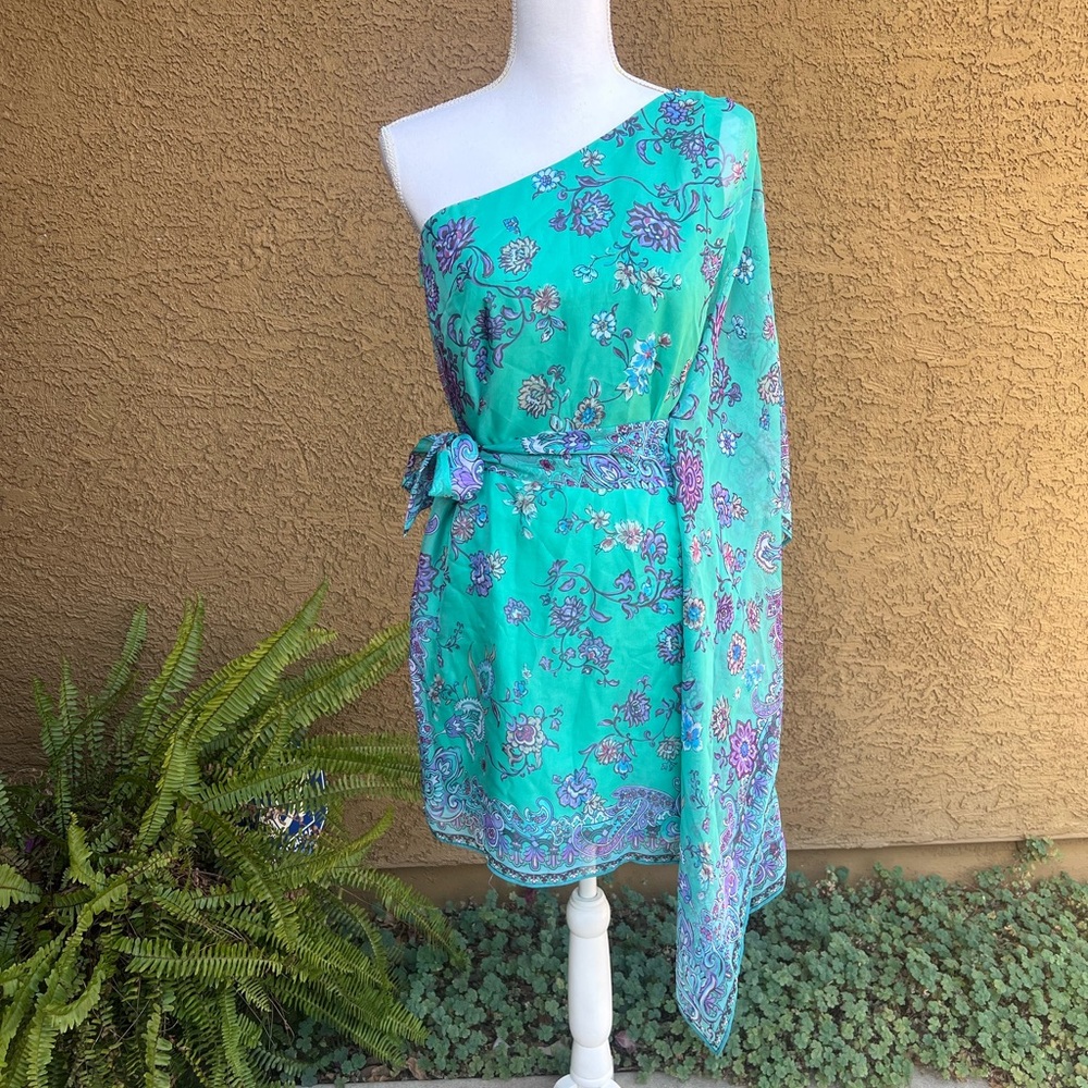 Laundry By Shelli Segal Turquoise Floral One-Shoulder Dress